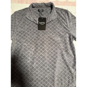 boohooMAN Polo Shirt Mens Medium Grey NEW Diamond Quilted Towelling Terry Cloth